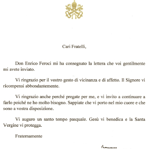 La lettera che il Santo Padre ha inviato agli ospiti dei centri Caritas della Diocesi di Roma
